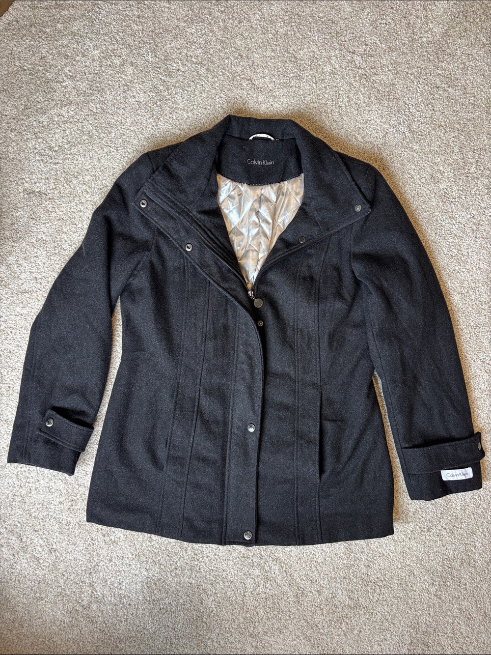 Calvin Klein Black Structured Wool-Blend Pea Coat